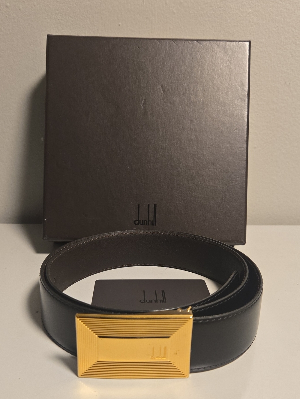 Dunhill Black Leather Belt with Gold Tone Geometric Buckle